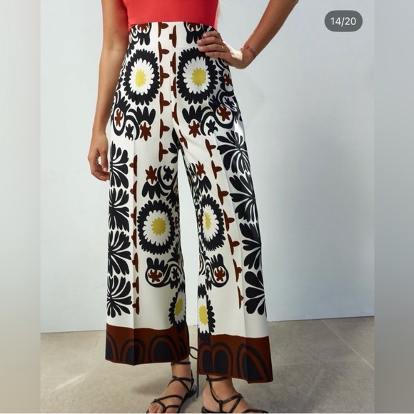 Zara Pants - Zara Floral Wide-Leg Pants - Black, White, Brown